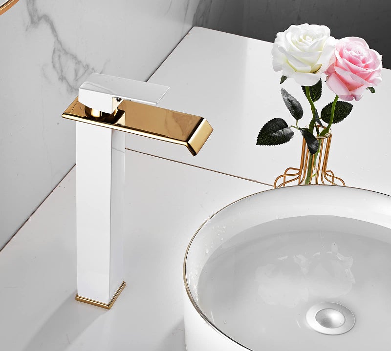 YCCUZA Bathroom Vessel Sink Faucet White Gold Waterfall Single Handle One Hole Bowl Sink Faucet Vanity Lavatory Faucets Tall Bath Deck Mount Basin Tap Supply Lines Hose Commercial - Image 4